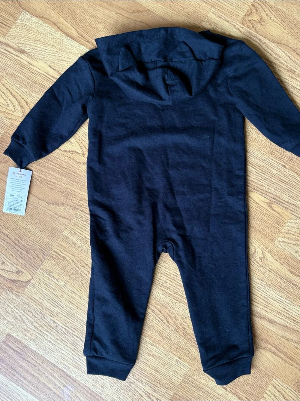 Cat & Jack Black Hooded Cat Face One-Piece Jumpsuit Lounge Halloween Fall Sz 12M